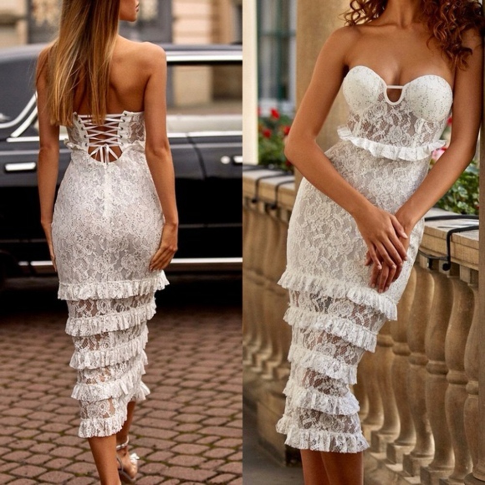 Alamour The Label white sequin embellished lace fabric midi ruffle dress